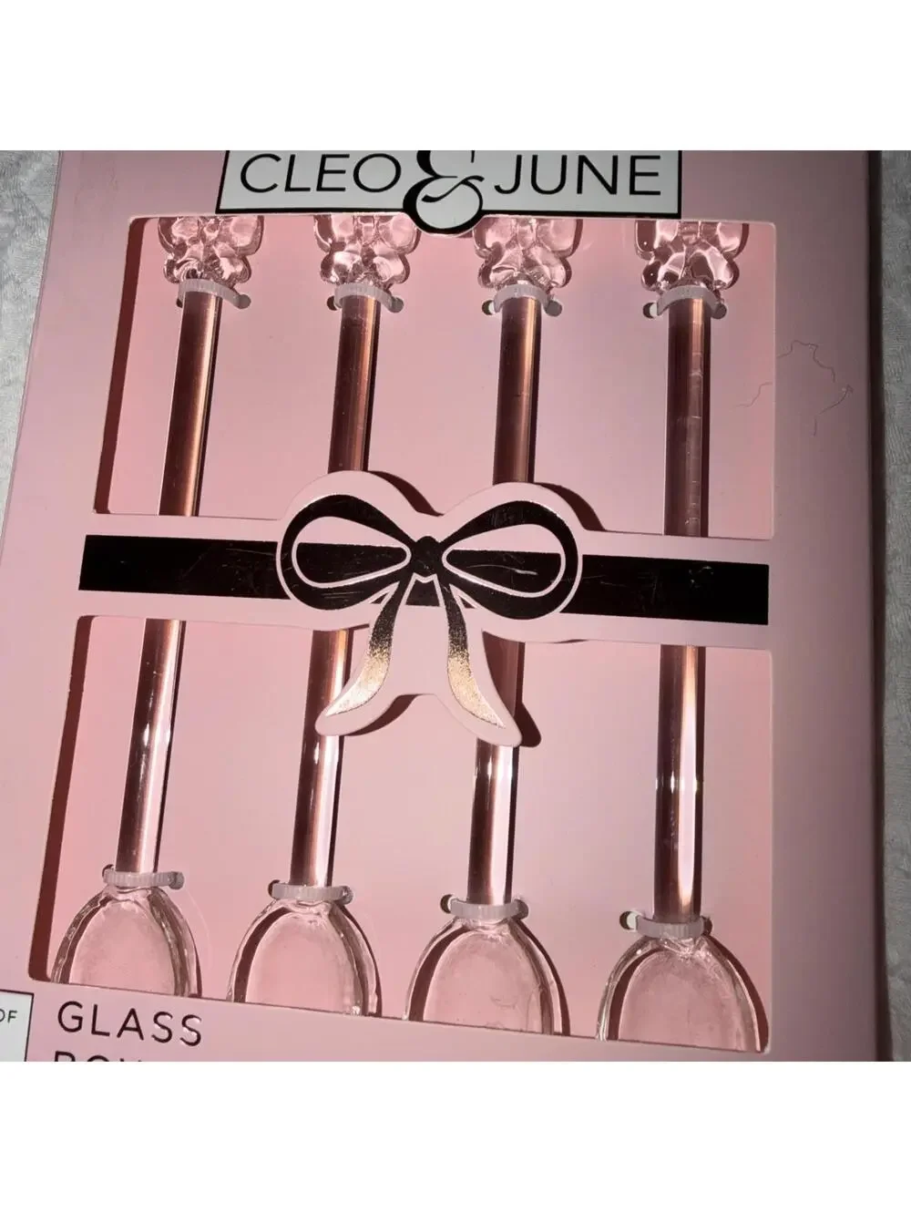 Cleo & June Glass Pink Bow Spoons Set of 4 NEW